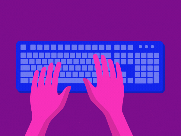Animierte Graphik: Zwei pinke Hände über einer blauen Tastatur.