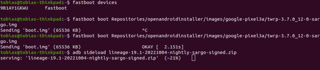 Installationsanweisung für die Installation von LineageOS über die Kommandozeile