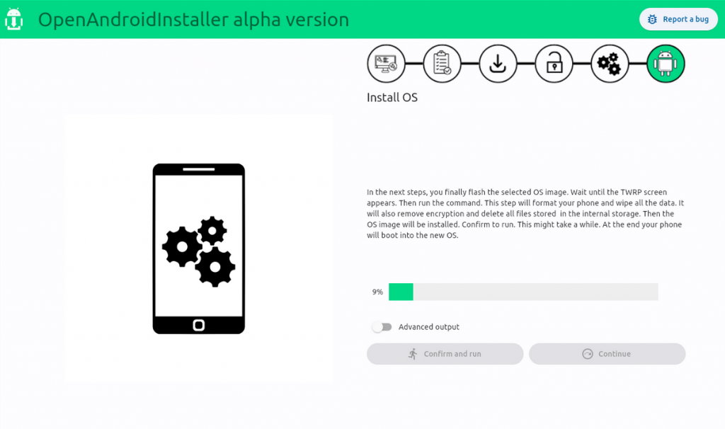 Ein Screenshot des OpenAndroid Installers in der alpha Version