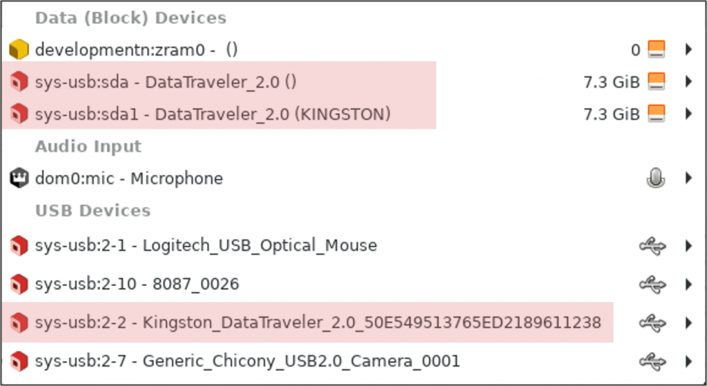 Eine Geräteliste mit unübersichtlichen Namen, zum Beispiel sys-usb:sda - Data Traveler_2.0 (), sys_usb:2-1 - Logitech_USB_Optical_Mouse usw. Einige Geräte kommen doppelt vor.