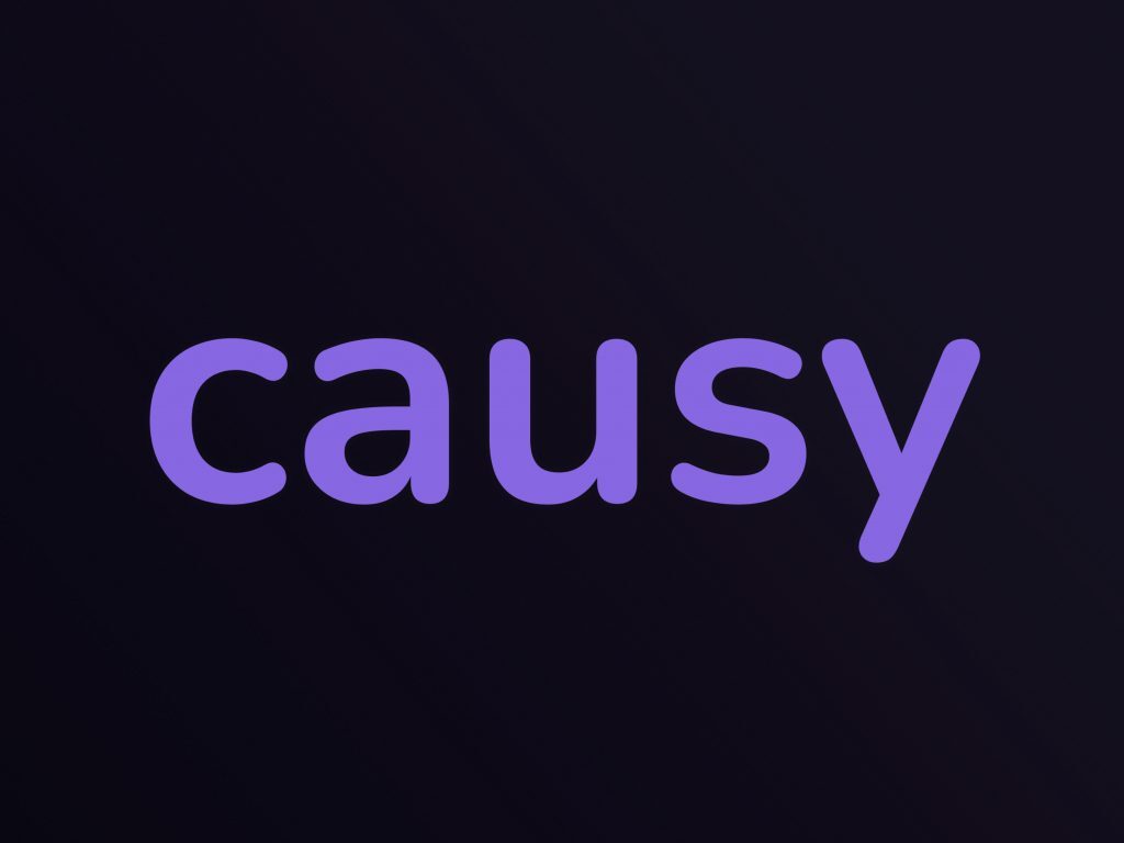 Logo von causy: Lila Schriftzug "causy" auf einem dunklen Hintergrund