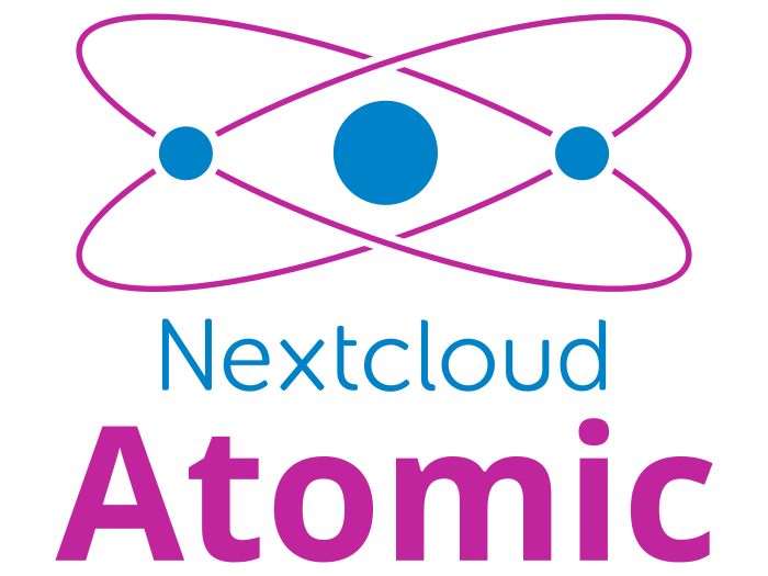 Logo von Nextcloud Atomic: Ein stilisiertes Atom, bestehend aus einem blauen Atomkern mit zwei kleineren blauen Elektronen, die auf lilanen Bahnen um den Kern ziehen. Darunter der Schriftzug Nextcloud Atomic