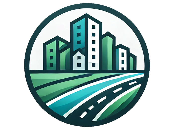 Logo von OSM2World: In einem Kreis sind gezeichnete Gebäude, die an einer Straße stehen.