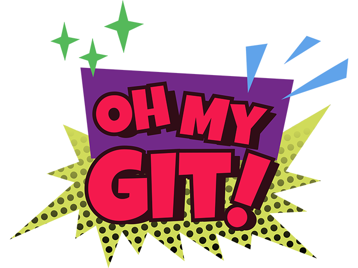 Das Logo des Projekts "Oh My Git!". Es zeigt den Namen als Comic-Schriftzug in rot auf einem violetten Polygon.