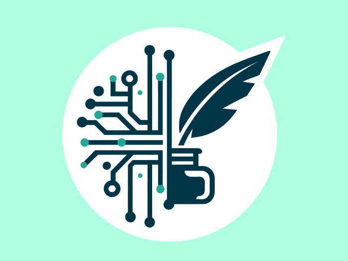 Logo von SpotTheBot. Auf grünem Hintergrund ist zur Hälfte ein Schaltkreis und zur Hälfte ein Tintenfass mit einer Feder abgebildet
