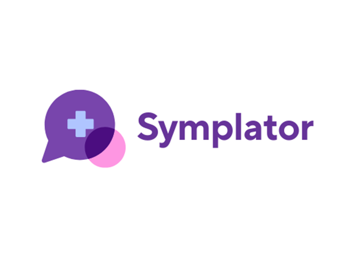 Das Logo der App "Symplator". Es zeigt eine lila Sprechblase mit einem Plus-Zeichen oder Kreuz mit einem pinken Kreis darunter. Daneben steht der Schriftzug "Symplator".