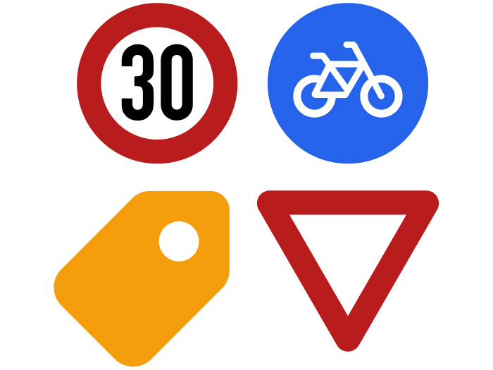 Logo aus vier Bestandteilen: Oben Links ein Tempolimit-Schild, daneben ein Fahrradweg-Schild. In der Reihe darunter ein Vorfahrt-Achten-Schild sowie ein Anhänger.