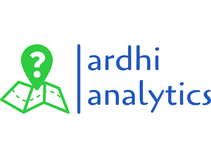 Logo von Ardhi: Eine grüne Karte mit einem Pin darauf, auf dem ein Fragezeichen ist. Daneben in Blau der Schriftzug "ardhi analytics"