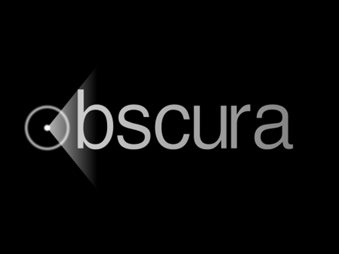 Logo von Libobscura: Auf schwarzem Hintergrund der weiße Schriftzug "obscura", aus dem O kommt ein Lichtstrahl der sich bis zum B verbreitert.