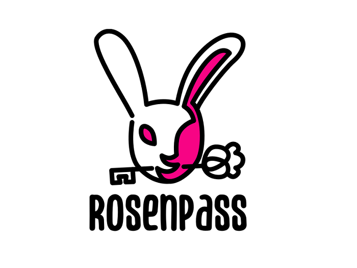 Das Logo des Projekts "Rosenpass". Es zeigten einen stilisierten Hasenkopf mit einem Schlüssel im Maul und der Schriftzug "Rosenpass" darunter.