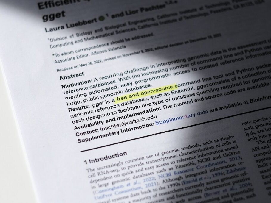 Ein Foto eines wissenschaftlichen Papers mit gelber Markierung der Worte "free and open source"