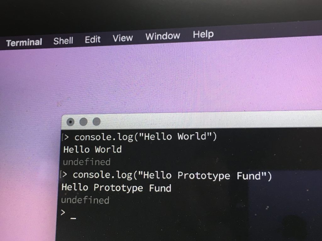Bild eines Desktops mit offener Cosnsole in der Hello World steht