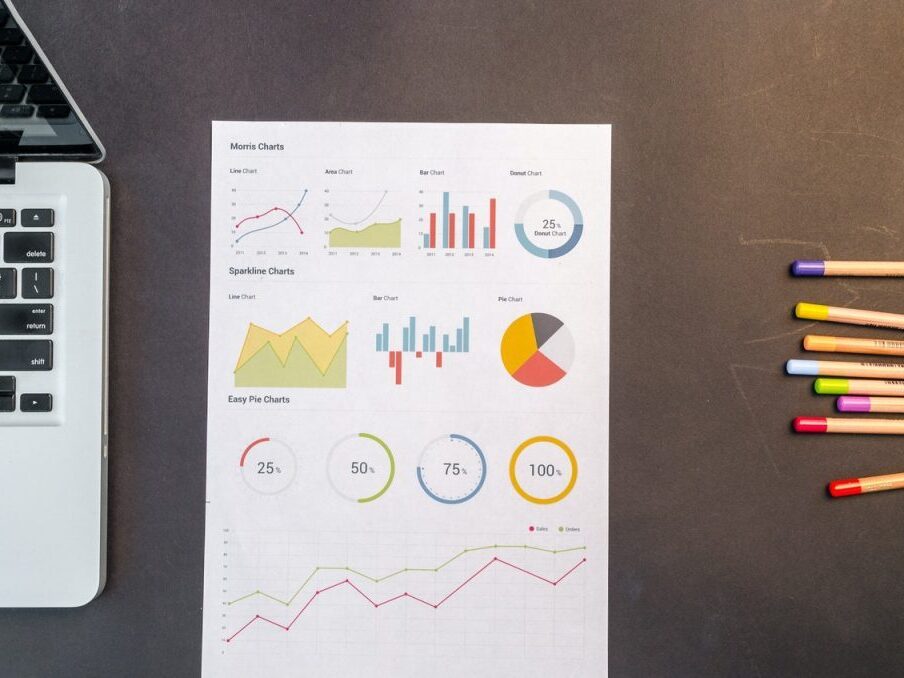 Bunte Stifte, ein Papier mit verschiedenen Diagrammen und ein aufgeklappter Laptop auf einem Tisch.