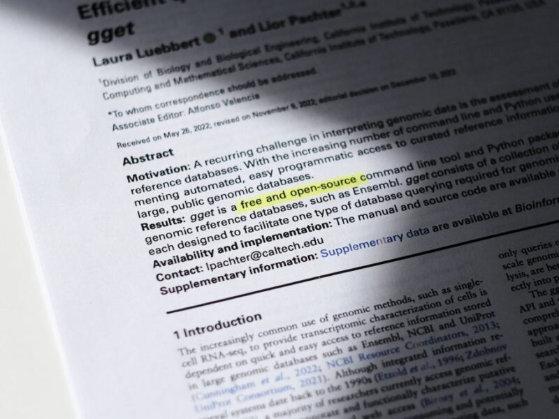 Ein Foto eines wissenschaftlichen Papers mit gelber Markierung der Worte "free and open source"