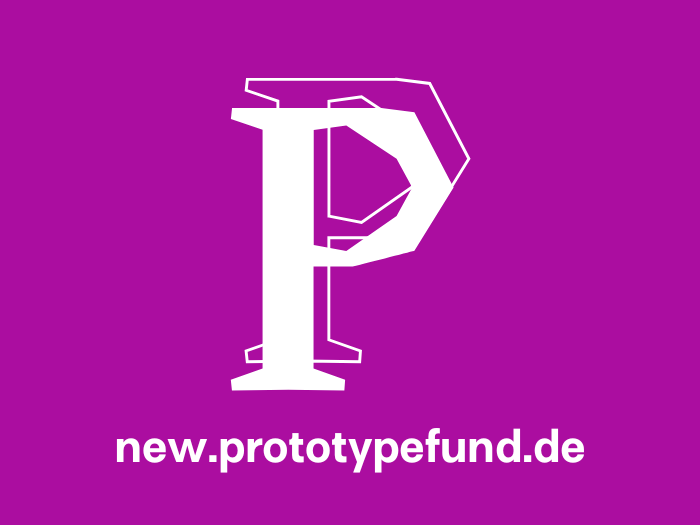Sharepic mit lila Hintergrund, darauf zentral das Logo des Prototype Funds: Weißes P, dahinter nach rechts oben versetzt dasselbe P aber nur mit weißen Außenlinien. Darunter der Schriftzug new.prototypefund.de