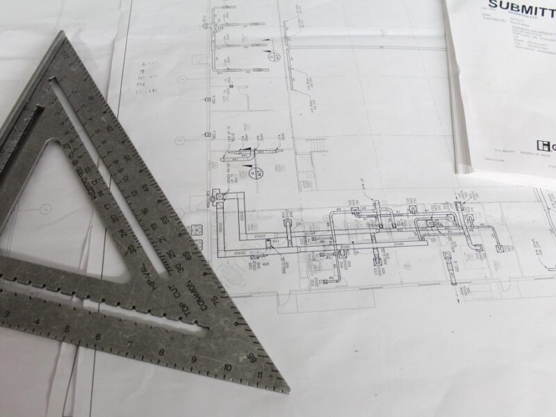 Foto eines Bauplans auf einem Tisch, darauf ein dreieckiges Lineal aus Metall