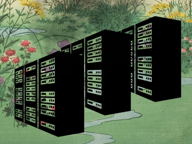 Dieses Bild ist eine Collage aus einem Holzschnitt mit einer farbenfrohen japanischen Vintage-Landschaft, die einen Berg, Hügel, Blumen und andere Pflanzen sowie einen kleinen Bach zeigt. Davor sind drei große schwarze Datenserver.