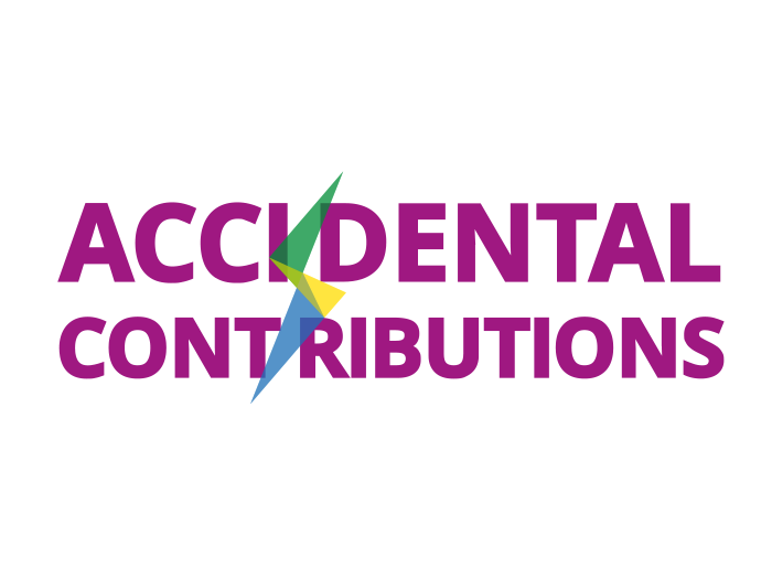 Logo von Accidental Contributions: Der Schriftzug Accidental Contributions in Lila, durchzogen von einem grün-blau-gelben Blitz.