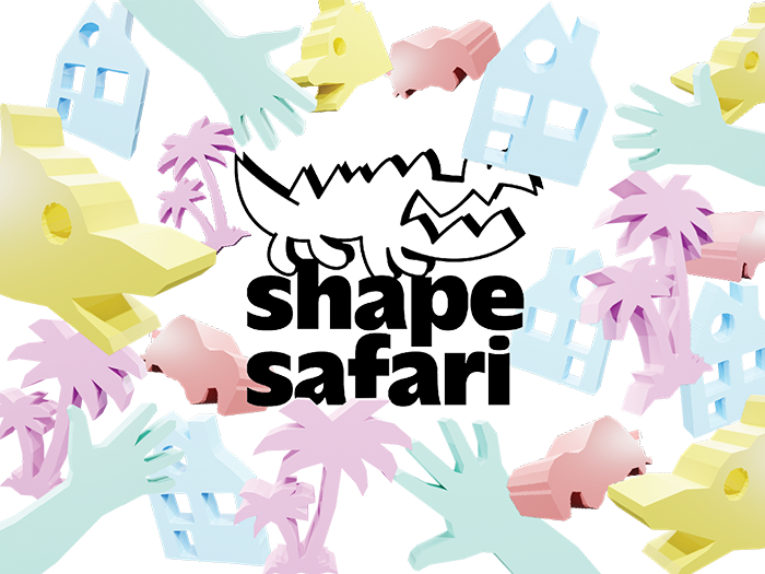 Logog von Shapesafari: Ein kleines 2D-Krokodil, darum herum viele bunte 3D-Modelle, u.A. Handschuhe, Häuser, Palmen